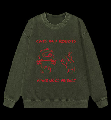 Cat & Robot Fun Vintage Washed 100% Cotton Sweatshirt
