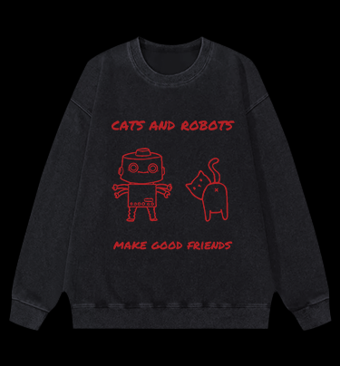 Cat & Robot Fun Vintage Washed 100% Cotton Sweatshirt