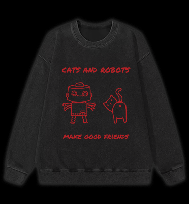 Cat & Robot Fun Vintage Washed 100% Cotton Sweatshirt