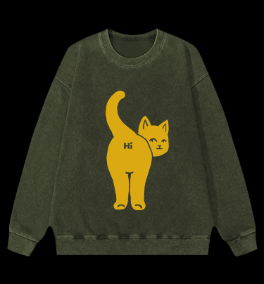 Hi Cat Fun Vintage Washed 100% Cotton Sweatshirt