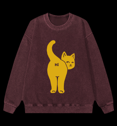 Hi Cat Fun Vintage Washed 100% Cotton Sweatshirt