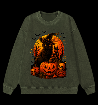 Halloween Cat Magic Vintage Washed 100% Cotton Sweatshirt