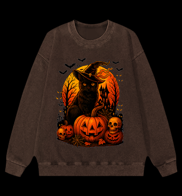 Halloween Cat Magic Vintage Washed 100% Cotton Sweatshirt