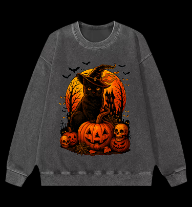 Halloween Cat Magic Vintage Washed 100% Cotton Sweatshirt