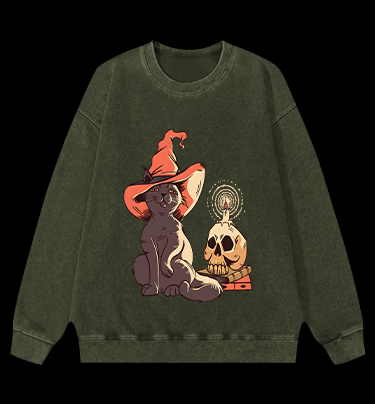 Spooky Cat's Night Vintage Washed 100% Cotton Sweatshirt