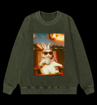 Apocalypse Bunny Chill With Coffee Vintage Washed 100% Cotton Sweatshirt