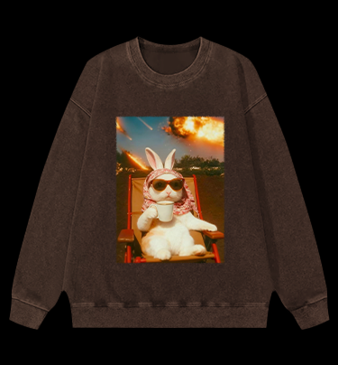 Apocalypse Bunny Chill With Coffee Vintage Washed 100% Cotton Sweatshirt
