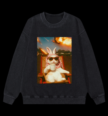 Apocalypse Bunny Chill With Coffee Vintage Washed 100% Cotton Sweatshirt