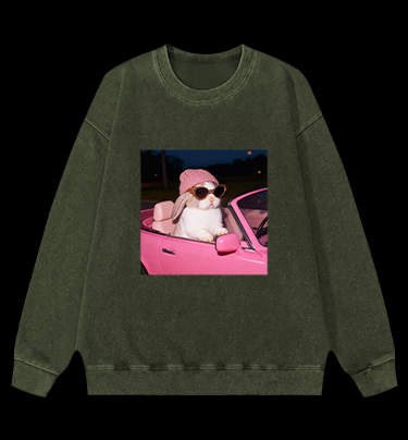 Fashion Bunny Cruising In Pink Car Vintage Washed 100% Cotton Sweatshirt