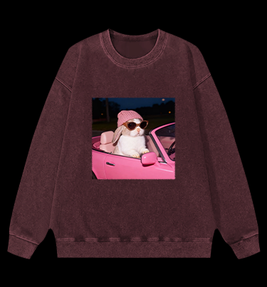 Fashion Bunny Cruising In Pink Car Vintage Washed 100% Cotton Sweatshirt