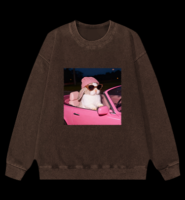 Fashion Bunny Cruising In Pink Car Vintage Washed 100% Cotton Sweatshirt