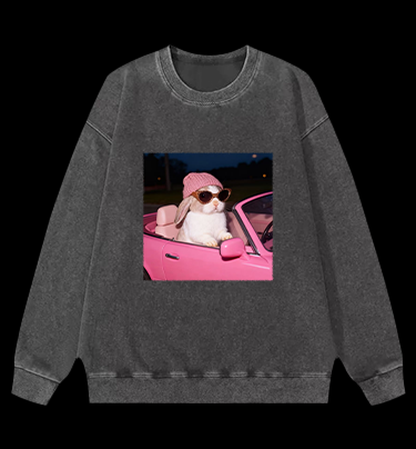 Fashion Bunny Cruising In Pink Car Vintage Washed 100% Cotton Sweatshirt