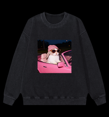 Fashion Bunny Cruising In Pink Car Vintage Washed 100% Cotton Sweatshirt