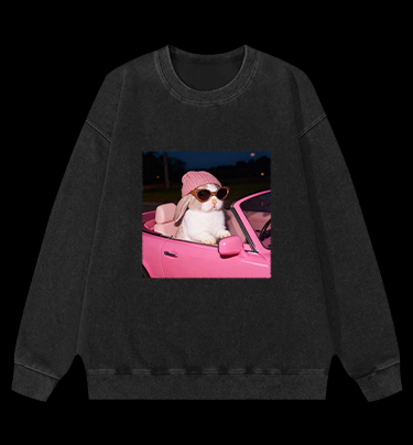 Fashion Bunny Cruising In Pink Car Vintage Washed 100% Cotton Sweatshirt