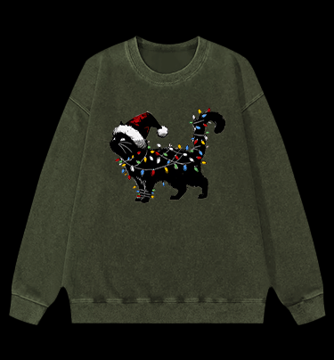Christmas Light Cat Vintage Washed 100% Cotton Sweatshirt