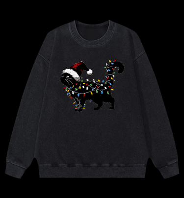 Christmas Light Cat Vintage Washed 100% Cotton Sweatshirt