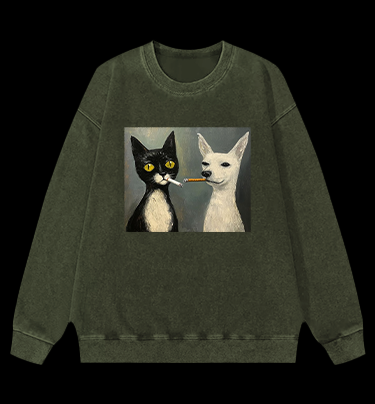 Cat Smoking In Oil Art Vintage Washed 100% Cotton Sweatshirt