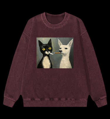Cat Smoking In Oil Art Vintage Washed 100% Cotton Sweatshirt