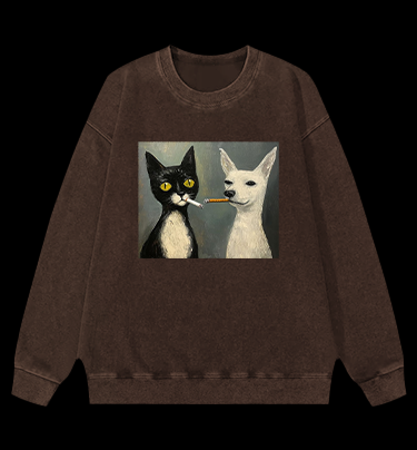 Cat Smoking In Oil Art Vintage Washed 100% Cotton Sweatshirt