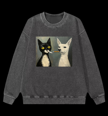 Cat Smoking In Oil Art Vintage Washed 100% Cotton Sweatshirt