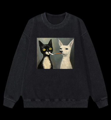 Cat Smoking In Oil Art Vintage Washed 100% Cotton Sweatshirt
