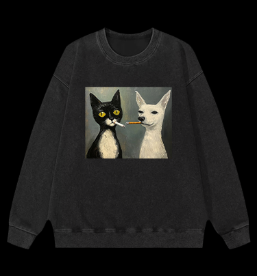 Cat Smoking In Oil Art Vintage Washed 100% Cotton Sweatshirt