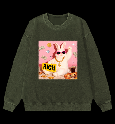 Rabbit!Suddenly Struck It Rich Vintage Washed 100% Cotton Sweatshirt