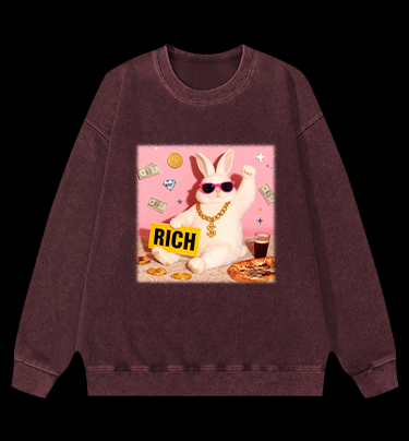 Rabbit!Suddenly Struck It Rich Vintage Washed 100% Cotton Sweatshirt
