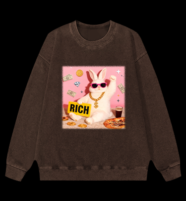 Rabbit!Suddenly Struck It Rich Vintage Washed 100% Cotton Sweatshirt