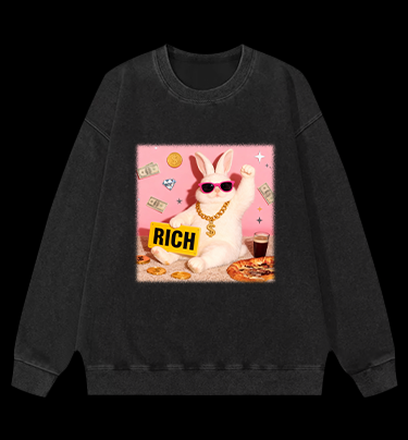 Rabbit!Suddenly Struck It Rich Vintage Washed 100% Cotton Sweatshirt