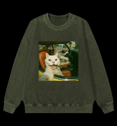 Cool Cats on the Road Vintage Washed 100% Cotton Sweatshirt