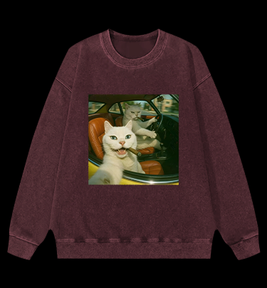 Cool Cats on the Road Vintage Washed 100% Cotton Sweatshirt