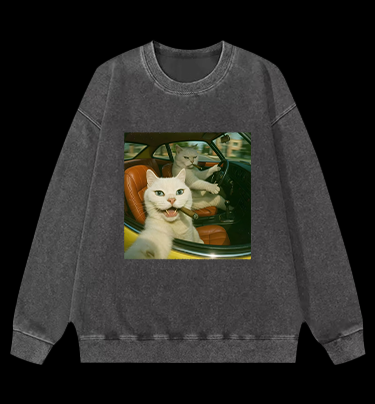 Cool Cats on the Road Vintage Washed 100% Cotton Sweatshirt