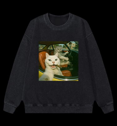 Cool Cats on the Road Vintage Washed 100% Cotton Sweatshirt
