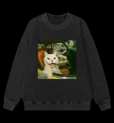 Cool Cats on the Road Vintage Washed 100% Cotton Sweatshirt