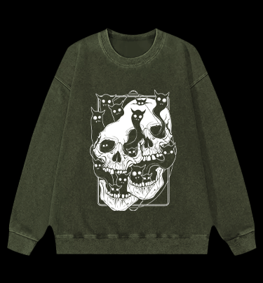 Skull Cats Vintage Washed 100% Cotton Sweatshirt