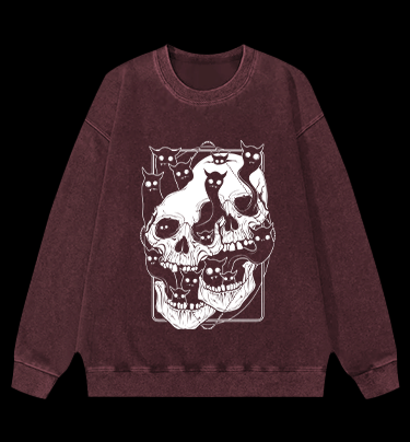 Skull Cats Vintage Washed 100% Cotton Sweatshirt