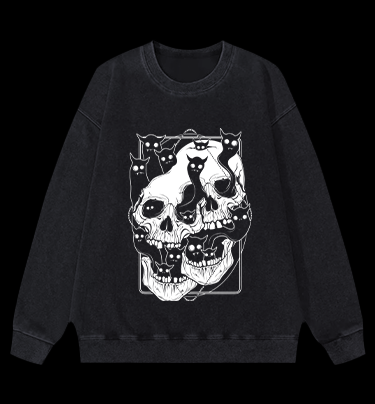 Skull Cats Vintage Washed 100% Cotton Sweatshirt