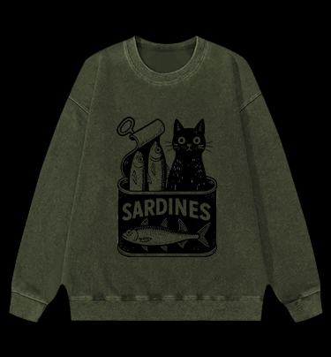 Sardines Can Black Cat Vintage Washed 100% Cotton Sweatshirt