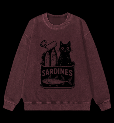 Sardines Can Black Cat Vintage Washed 100% Cotton Sweatshirt