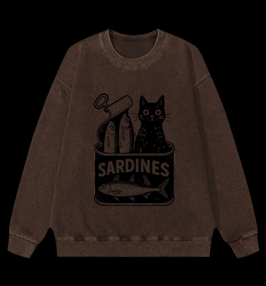 Sardines Can Black Cat Vintage Washed 100% Cotton Sweatshirt