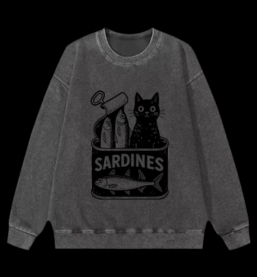 Sardines Can Black Cat Vintage Washed 100% Cotton Sweatshirt
