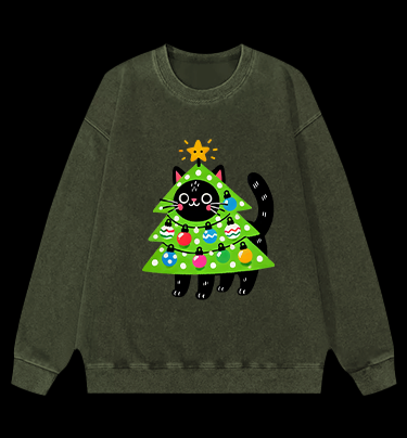 Christmas Cat Tree Vintage Washed 100% Cotton Sweatshirt