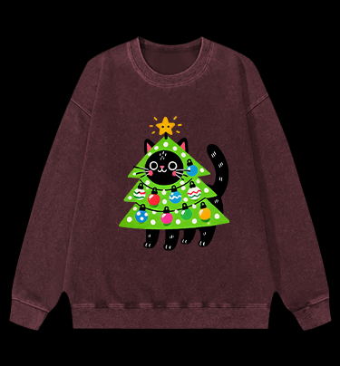 Christmas Cat Tree Vintage Washed 100% Cotton Sweatshirt