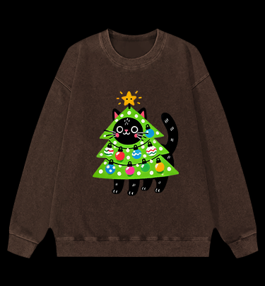 Christmas Cat Tree Vintage Washed 100% Cotton Sweatshirt