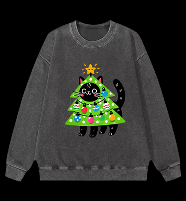 Christmas Cat Tree Vintage Washed 100% Cotton Sweatshirt