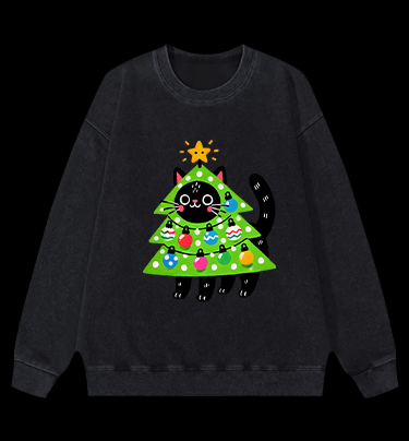 Christmas Cat Tree Vintage Washed 100% Cotton Sweatshirt
