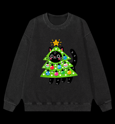 Christmas Cat Tree Vintage Washed 100% Cotton Sweatshirt