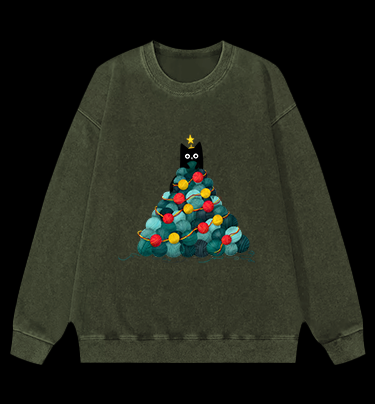 Black Cat Christmas Tree Vintage Washed 100% Cotton Sweatshirt