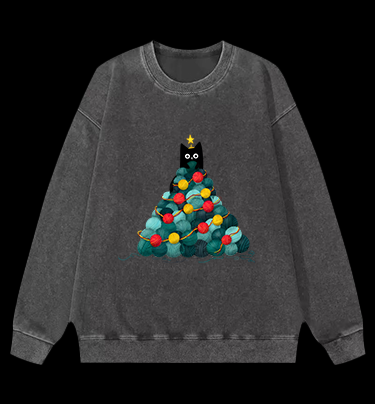 Black Cat Christmas Tree Vintage Washed 100% Cotton Sweatshirt